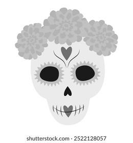 Female Skull in flowers wreath and ornament on face in grayscale. Day of the dead Cute character