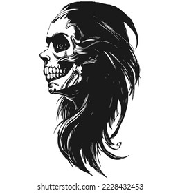 female skull hand drawn vector black and white clip art
