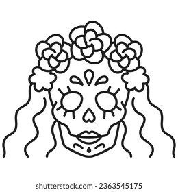 Female skull icon. Mexican sugar skull with long flowing hair and flowers. Traditional a decorative character for Dia de muertos holiday. Design element. Editable strokes, line thin icon