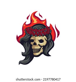 Female skull illustration design with flowers and fire on head