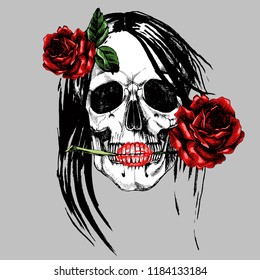 Female skull with a rose in the teeth. Hand-drawn vector anatomical illustration for your romantic or gothic design.