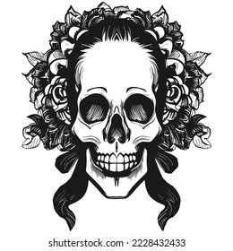 female skull tattoo ideas hand drawn vector black and white clip art
