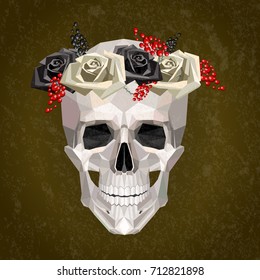 Female skull with wreath consisting of roses on the head in low poly style. Vector illustration