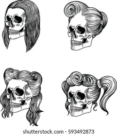 female skulls with different hairstyles. Layered in vector hand made, hand drawing style.
