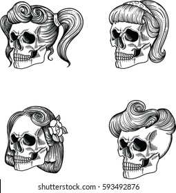 female skulls with different hairstyles. Layered in vector hand made, hand drawing style.