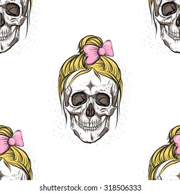 Female skull.Seamless pattern background.scrunchy