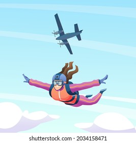 Female skydiver jumps from the plane and skydiving in the sky illustration