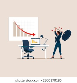 Female with sledgehammer about to break workplace. Burnout at work. Dissatisfaction with work. Corporate slavery. Flat vector illustration