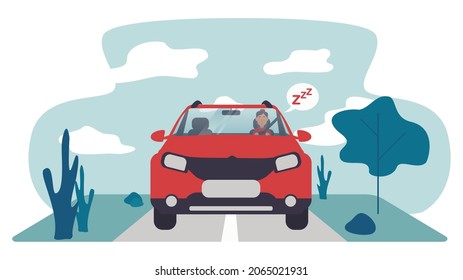 Female sleepy driver on the road in re car flat cartoonist illustration style