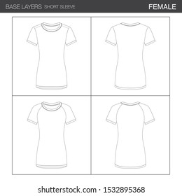 Female Sleeveless Base Layer T-Shirt Set, Back and Front. Vector Illustration, Layers Split Outlines, Bindings and Isolated Background, for Technical Design and Mockup. All Round Neck, Raglan Sleeve. 