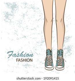Female slim legs in the sneakers. Vector