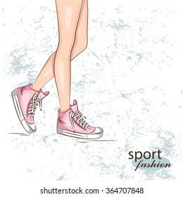 Female slim legs in the sneakers. Vector