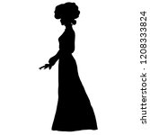 Female slim silhouette in long dress, large round hat of early 20th century, frill, combed hair, top knot. For posters, prints, design, covers, fabric, logos, interior decor, shop, banners, decoupage