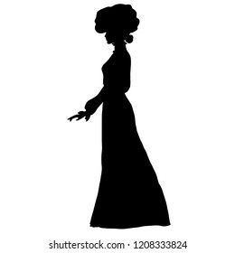 Female slim silhouette in long dress, large round hat of early 20th century, frill, combed hair, top knot. For posters, prints, design, covers, fabric, logos, interior decor, shop, banners, decoupage