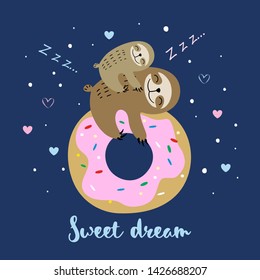 Female sloth with a baby sleeping on a sweet donut. Sweet dream. Motherhood.  Inscription. Vector.