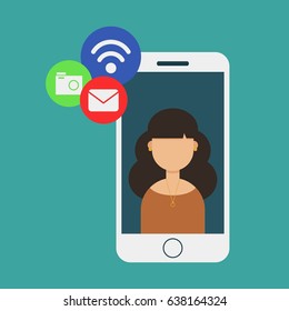 female smartphone email photos Wi Fi, flat vector illustration