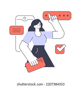 Female Smartphone Website Application User Password Log In Sign Up Vector Flat Illustration. Woman Customer Internet Identity Privacy Protection Management Digital Authentication Register Entering