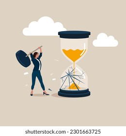 Female smashes hourglass using sledgehammer. Deadline or time management. Final countdown. Flat vector illustration