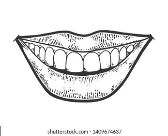 Female Smile Mouth Sketch  Vector Illustration. Scratch Board Style Imitation. Black And White Hand Drawn Image.
