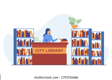 Female smiling librarian standing at counter. Book, shelf, paper flat vector illustration. City library and knowledge concept for banner, website design or landing web page