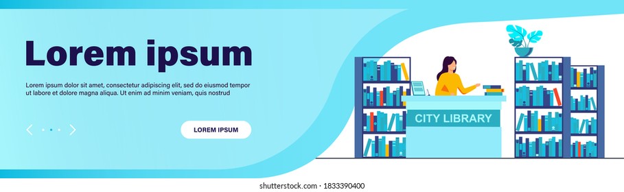 Female smiling librarian standing at counter. Book, shelf, paper flat vector illustration. City library and knowledge concept for banner, website design or landing web page