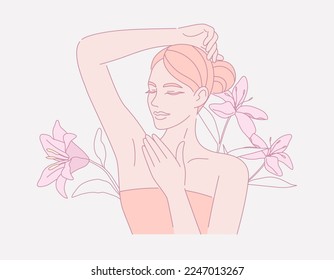 Female smooth armpit. Hair removal, With leaves and flower, Beauty body care concept. Vector design illustration.