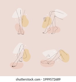 Female smooth legs. Hair removal. Laser and wax epilation. Vector Illustration of elegant feet in a trendy minimalist style. Linear logo for beauty studio or sugaring salon. Skin care concept.