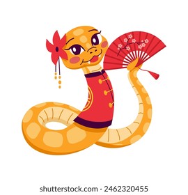 Female snake in Asian blouse holding fan 2D cartoon character. Reptile lady for Chinese New year isolated vector animal white background