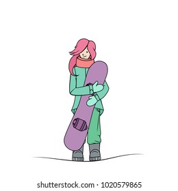 Female snowboard rider in winter active sport wear holding snow board in her hands. Extreme sports funny cute cartoon character.