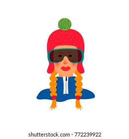 Female snowboarder avatar. Young woman in sportswear and ski goggles. Flat vector illustration isolated on white. Cartoon style.