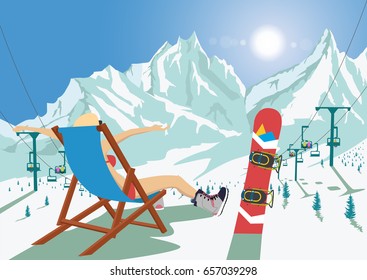 Female snowboarder in bikini sitting in deck chair relaxing in mountain ski resort. Bright sun and ski chair lift