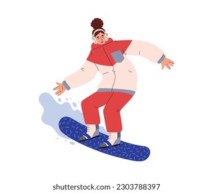 Female snowboarder character going down the mountain, flat cartoon vector illustration isolated on white background. Snowboard winter extreme sport personage.