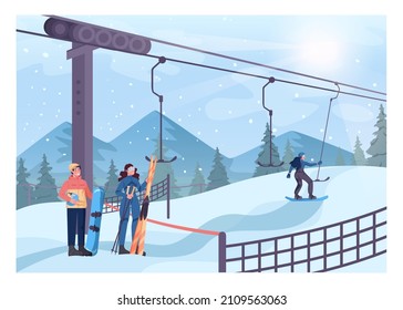 Female snowboarder lifting up with surface lift. Winter ski resort, ski and snowboarding paths with ski lift. Snowy hills and forest scenery. December freezing weather. Flat vector illustration