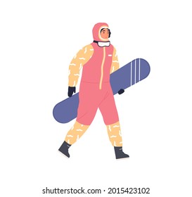 Female snowboarder walking with snowboard in hand. Person going in winter equipment and holding snow board. Flat vector illustration of woman in sporty warm outfit isolated on white background
