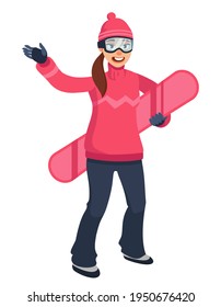 Female snowboarder waving hand. Sportswoman in cartoon style.