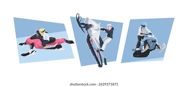 Female snowmobile rider characters. Winter sport, racing, vehicle. Flat vector illustration.
