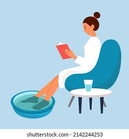 Female soaking feet in bowl filled with warm water at home or spa in flat design. Warming feet for relaxation concept vector illustration. Foot bath.