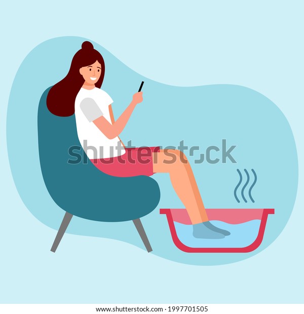 Female soaking feet in bowl filled with warm\
water at home or spa in flat design. Warming feet for relaxation\
concept vector illustration. Foot\
bath.