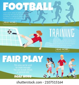 Female soccer and football game banners or horizontal flyers collection, flat cartoon vector illustration. Soccer club for women competition and training banners.