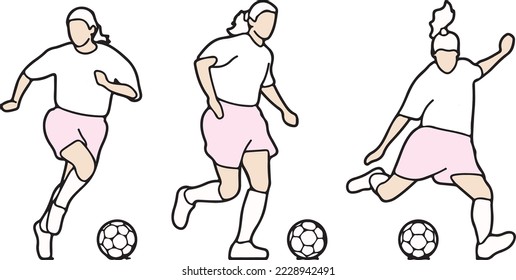 Female soccer football player dribble shooting kicking goal line art minimalist style