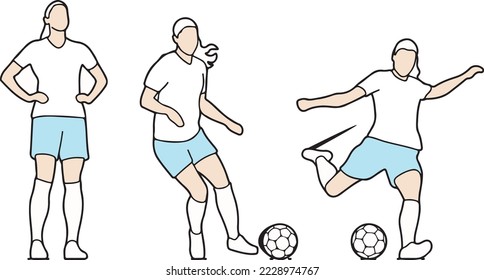 Female soccer football player dribble shooting kicking goal line art minimalist style