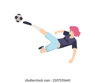 Female soccer or football player woman or young girl in sportswear cartoon character kicking ball in jump, flat vector illustration isolated on white background.