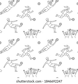 Female Soccer football world championship women player game match soccer fans thin line outline icons seamless background pattern. Vector illustration doodles in linear simple style. Black and white