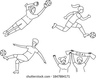 Female Soccer football world championship women player game match soccer fans thin line outline icons seamless background pattern. Vector illustration doodles in linear simple style. Black and white