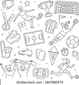 Female Soccer football world championship women player game match soccer fans thin line outline icons background pattern. Vector illustration doodles in linear style. Black and white