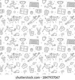 Female Soccer football world championship women player game match soccer fans thin line outline icons seamless background pattern. Vector illustration doodles in linear simple style. Black and white