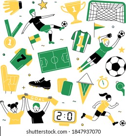 Female Soccer football world championship women player game match soccer fans thin line outline icons background pattern. Vector illustration doodles in linear style. Black, green and yellow