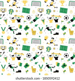 Female Soccer Football World Championship. Women Players In Game Match With Soccer Fans. Thin Line Outline Icons, Seamless Background Pattern. Vector Illustration Doodles In Linear Simple Style.. Black, Green And Yellow