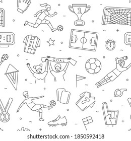 Campeonato mundial de fútbol femenino partido de fútbol femenino hinchas de fútbol de línea delgada íconos de línea delgada patrón de fondo fluido. Dibujos de ilustraciones vectoriales en un estilo simple lineal. Negro y blanco