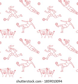 Female Soccer football world championship women player game match soccer fans thin line outline icons seamless background pattern. Vector illustration doodles in linear simple style. Red and white